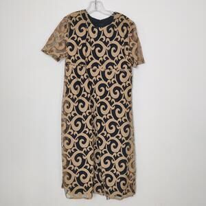 Girls Black Tan Swirl Print Sheer Overlay Midi Dress Short Sleeve (Est 12-14)